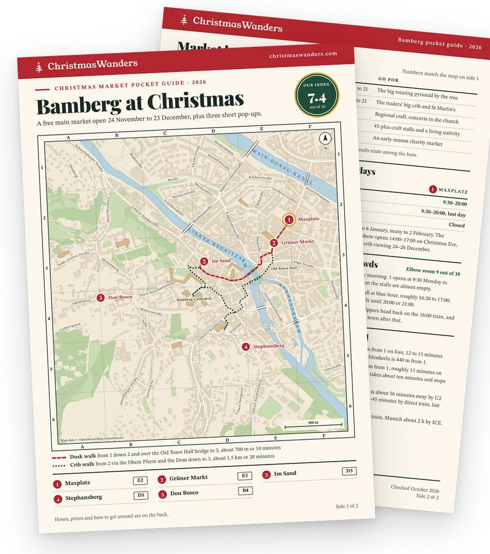 The Bamberg pocket guide, a street map of every market on one side and hours, prices and transport tips on the other