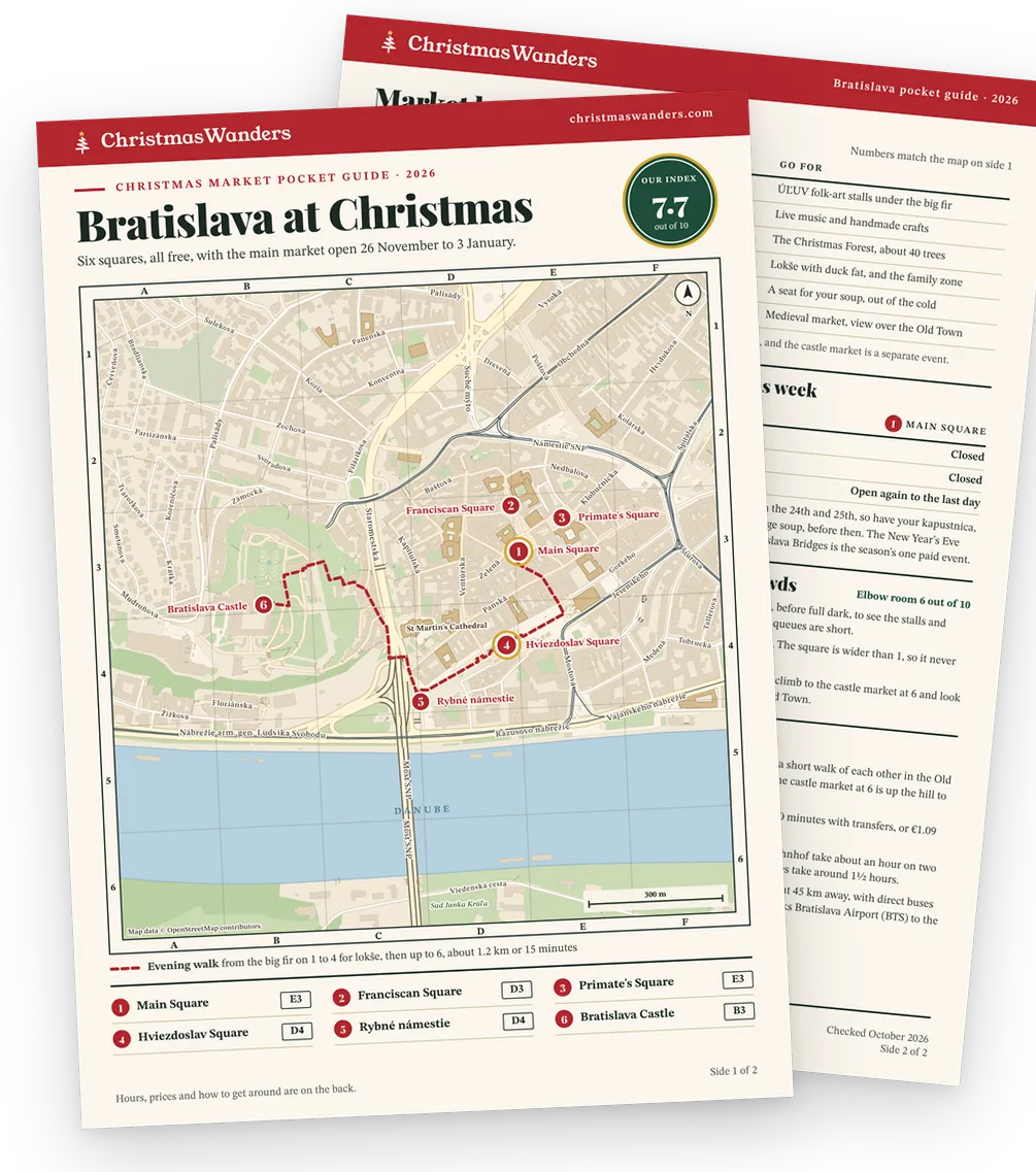 The Bratislava pocket guide, a street map of every market on one side and hours, prices and transport tips on the other