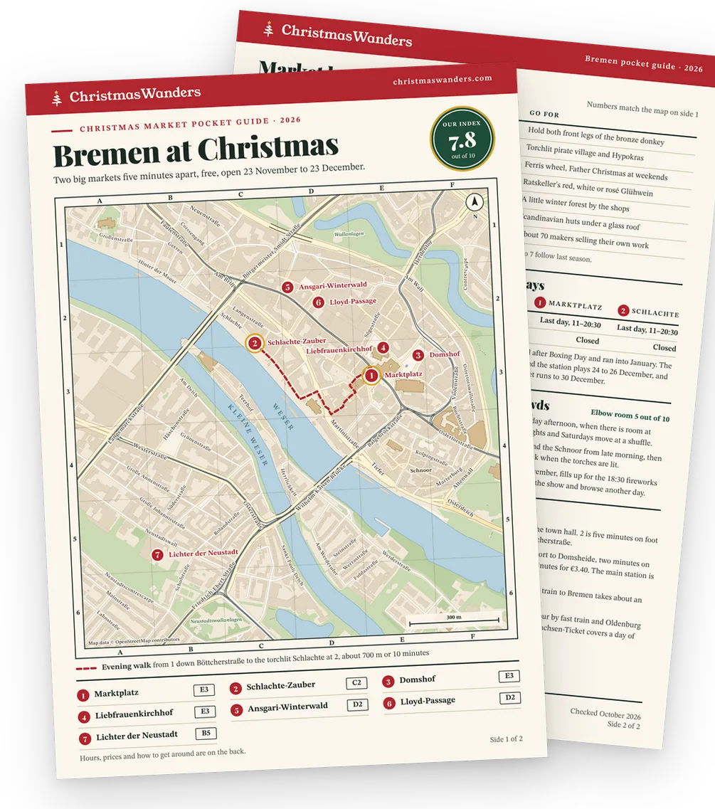 The Bremen pocket guide, a street map of every market on one side and hours, prices and transport tips on the other