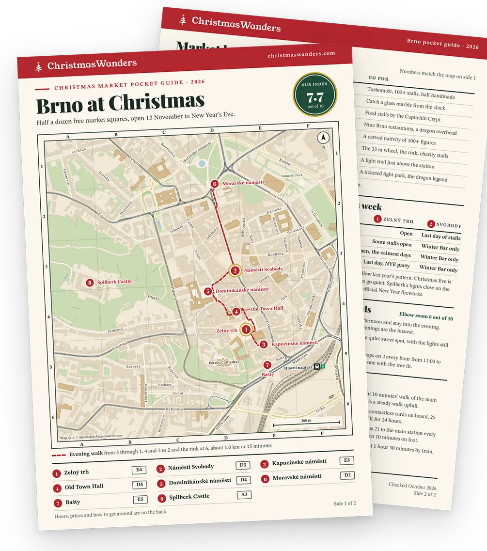 The Brno pocket guide, a street map of every market on one side and hours, prices and transport tips on the other