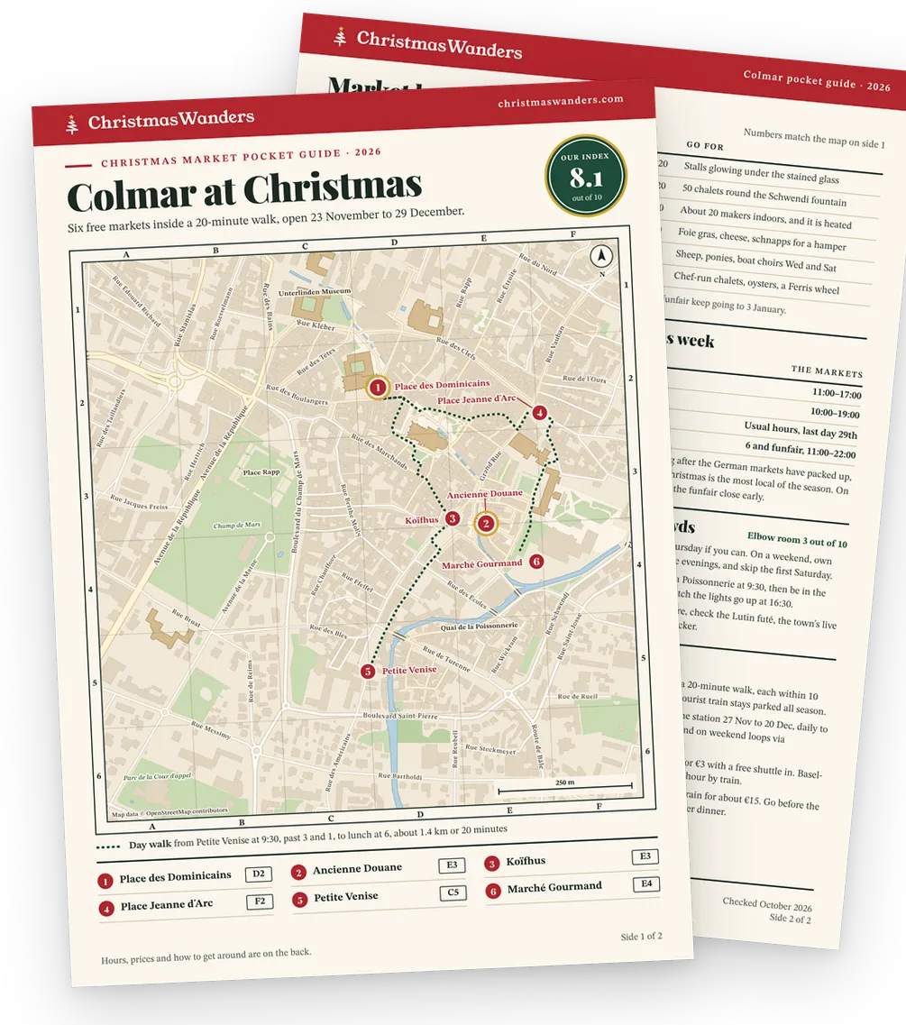 The Colmar pocket guide, a street map of every market on one side and hours, prices and transport tips on the other