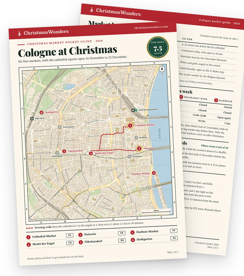 The Cologne pocket guide, a street map of every market on one side and hours, prices and transport tips on the other