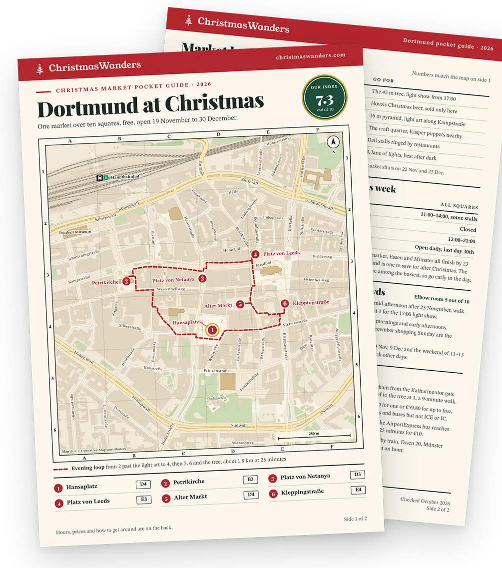 The Dortmund pocket guide, a street map of every market on one side and hours, prices and transport tips on the other