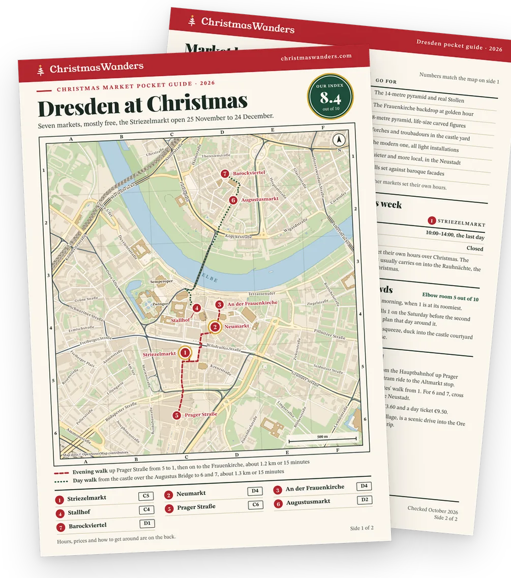The Dresden pocket guide, a street map of every market on one side and hours, prices and transport tips on the other