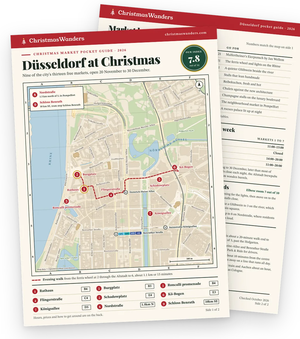 The Düsseldorf pocket guide, a street map of every market on one side and hours, prices and transport tips on the other