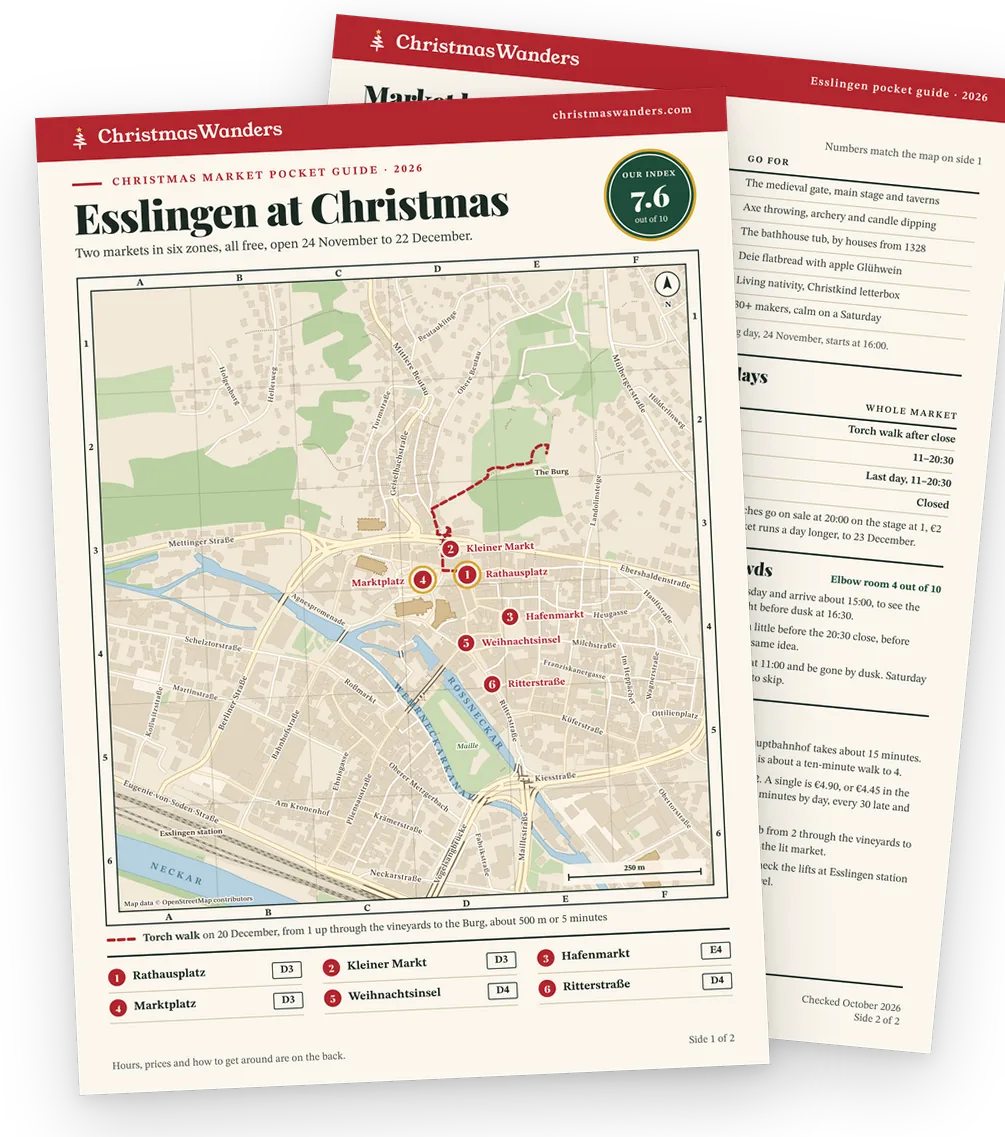 The Esslingen pocket guide, a street map of every market on one side and hours, prices and transport tips on the other