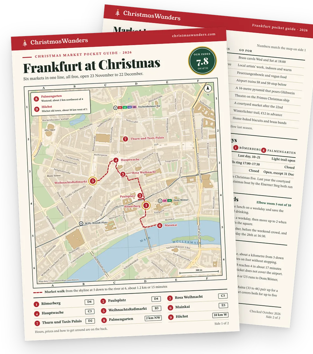 The Frankfurt pocket guide, a street map of every market on one side and hours, prices and transport tips on the other