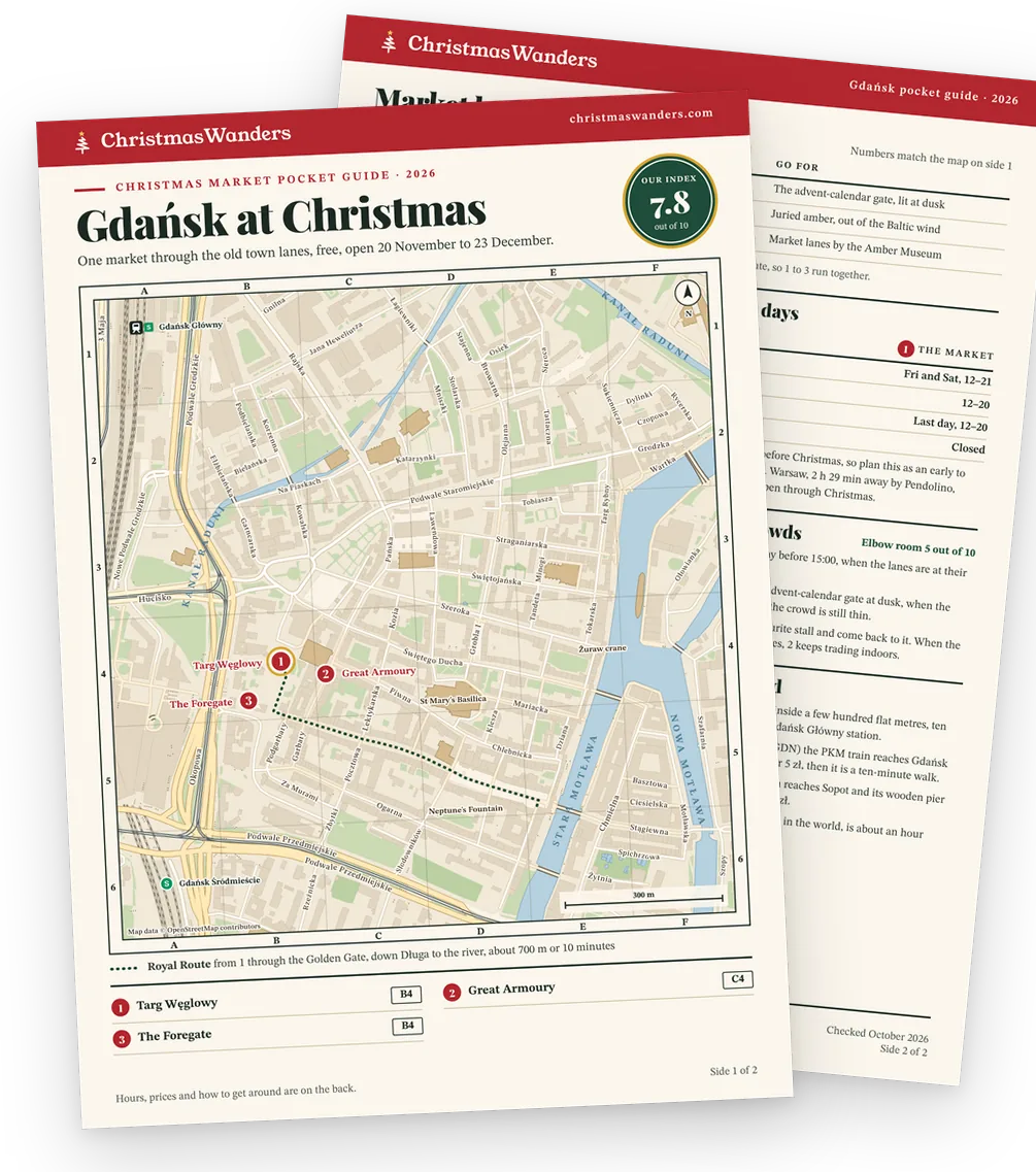 The Gdańsk pocket guide, a street map of every market on one side and hours, prices and transport tips on the other