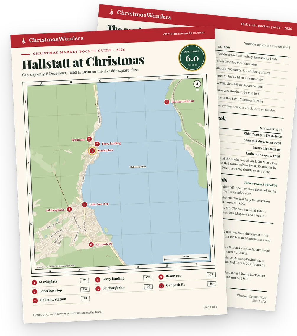The Hallstatt pocket guide, a street map of every market on one side and hours, prices and transport tips on the other