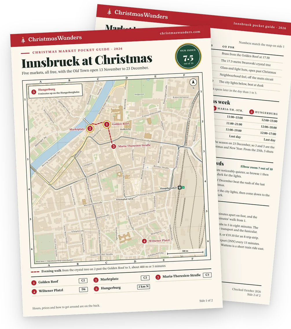 The Innsbruck pocket guide, a street map of every market on one side and hours, prices and transport tips on the other