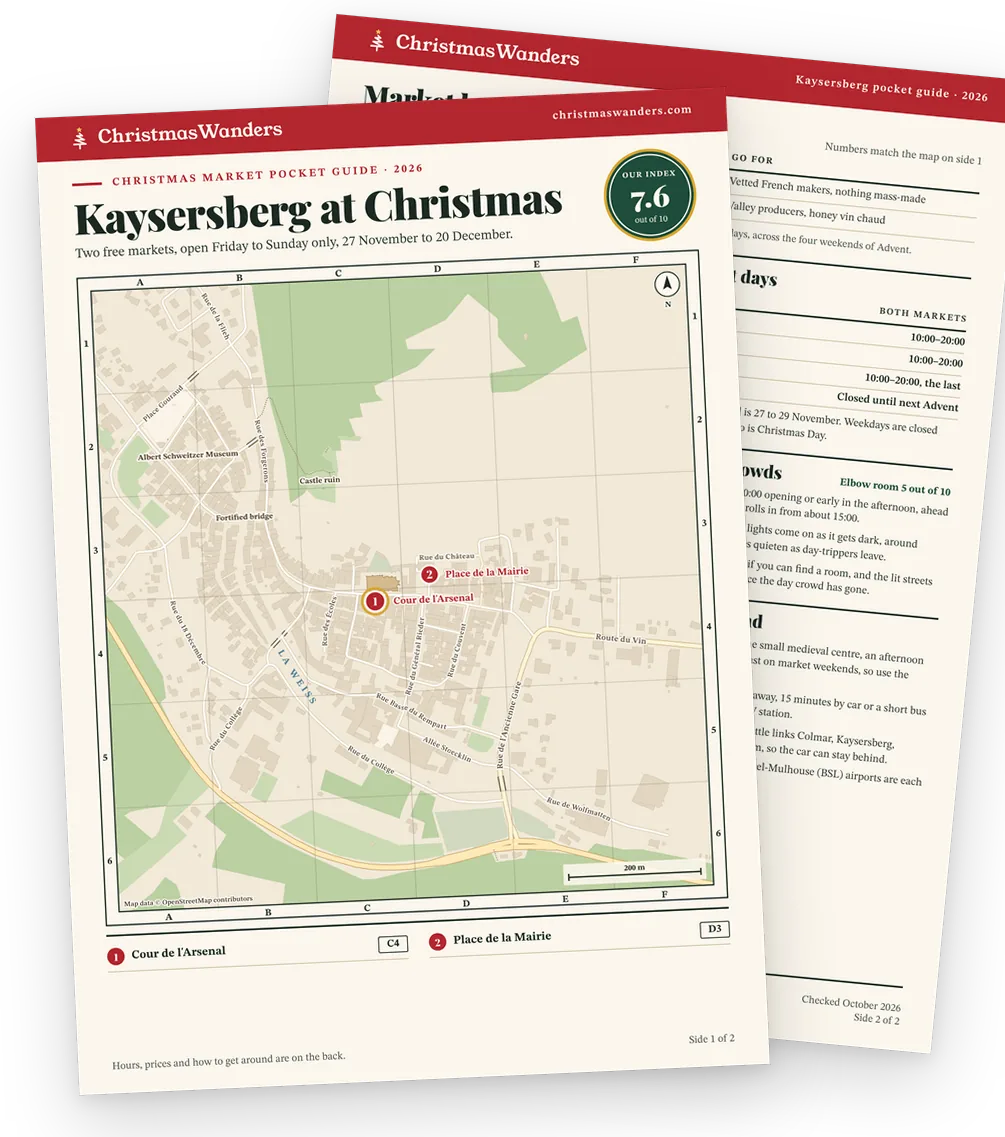 The Kaysersberg pocket guide, a street map of every market on one side and hours, prices and transport tips on the other