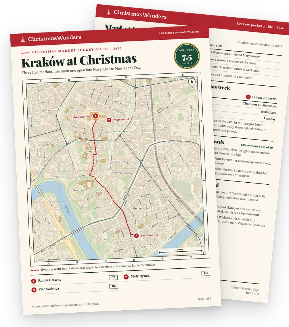The Kraków pocket guide, a street map of every market on one side and hours, prices and transport tips on the other