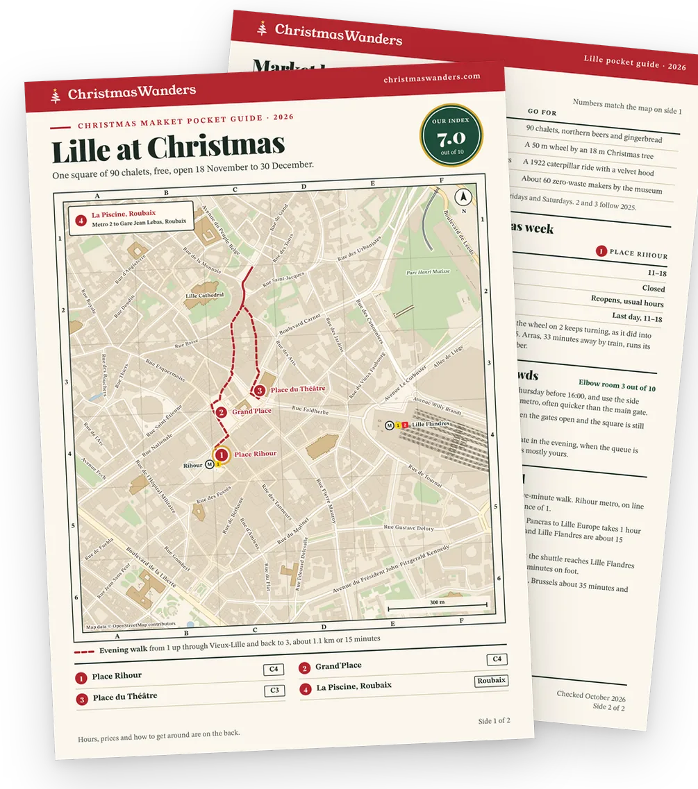 The Lille pocket guide, a street map of every market on one side and hours, prices and transport tips on the other
