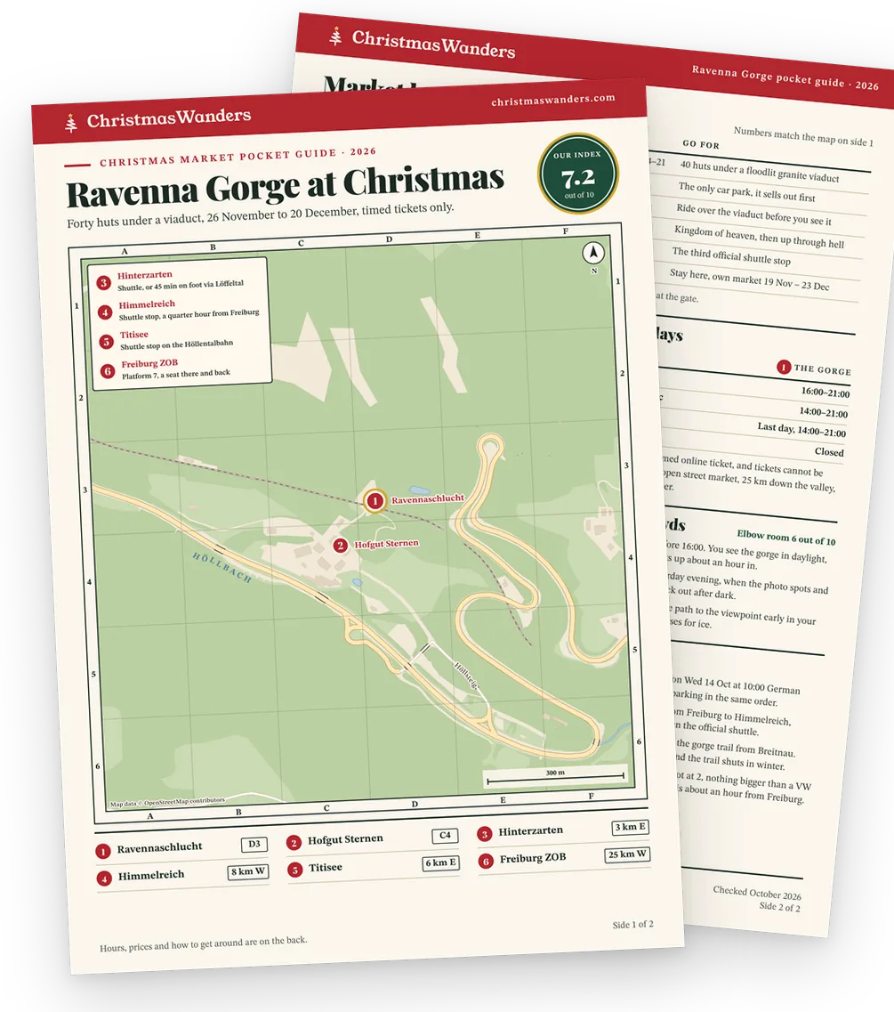 The Ravenna Gorge pocket guide, a street map of every market on one side and hours, prices and transport tips on the other