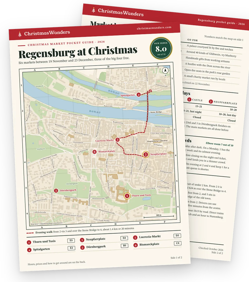 The Regensburg pocket guide, a street map of every market on one side and hours, prices and transport tips on the other