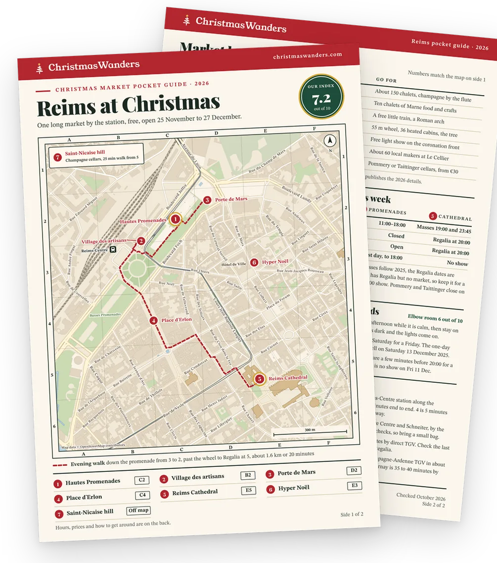 The Reims pocket guide, a street map of every market on one side and hours, prices and transport tips on the other