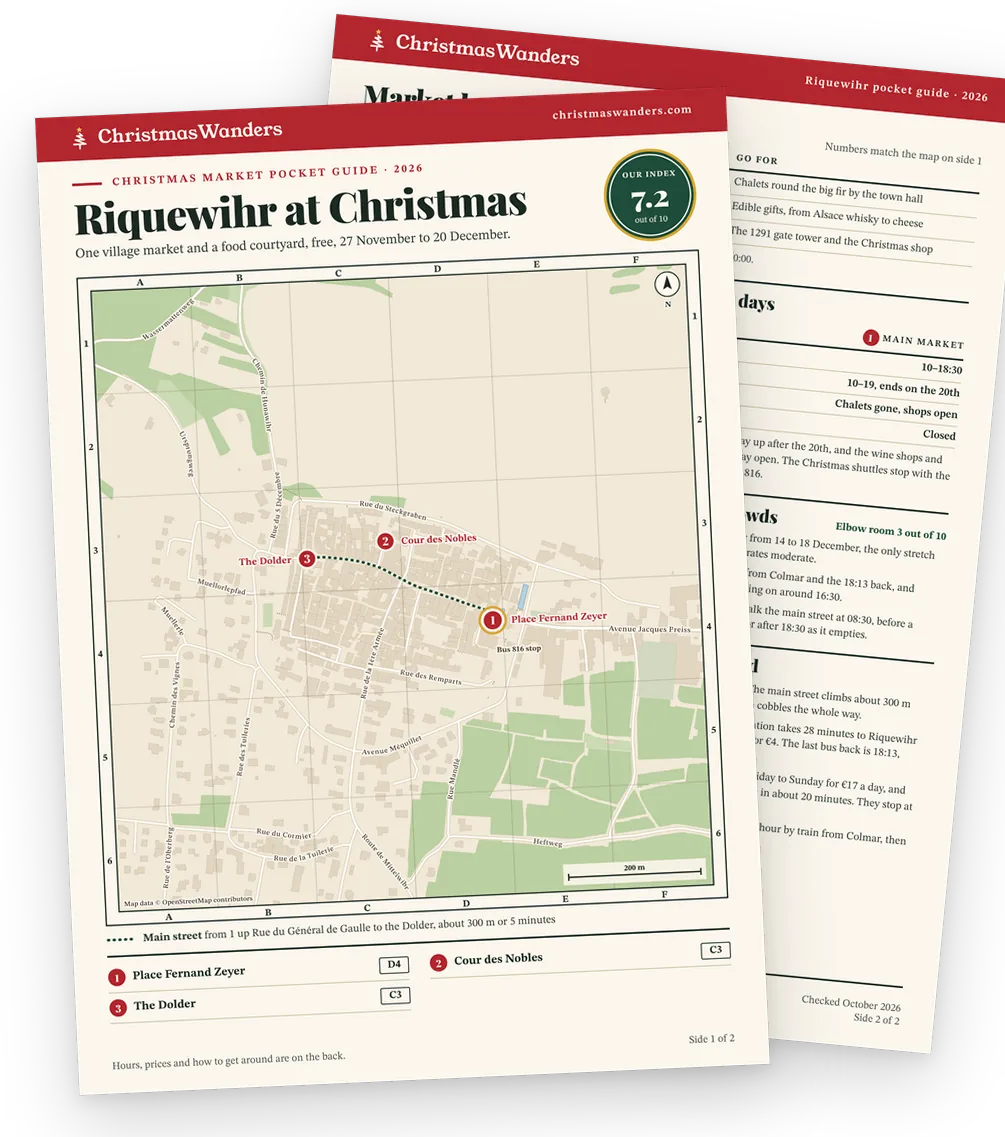 The Riquewihr pocket guide, a street map of every market on one side and hours, prices and transport tips on the other