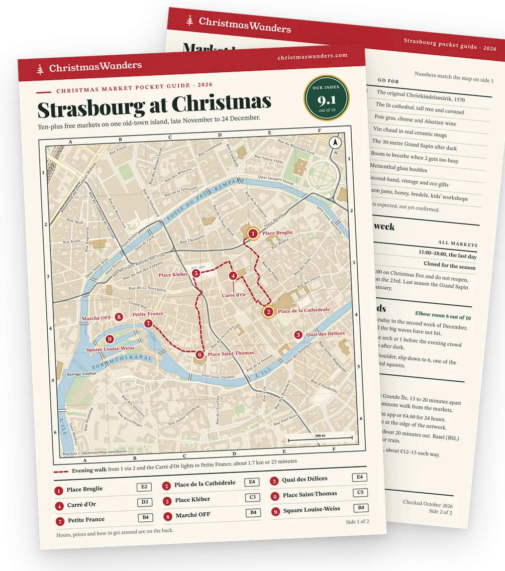 The Strasbourg pocket guide, a street map of every market on one side and hours, prices and transport tips on the other