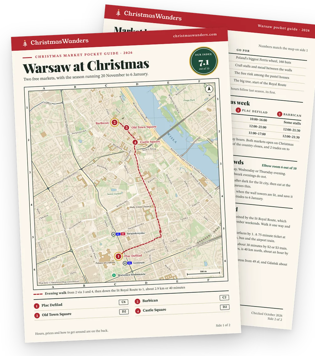 The Warsaw pocket guide, a street map of every market on one side and hours, prices and transport tips on the other