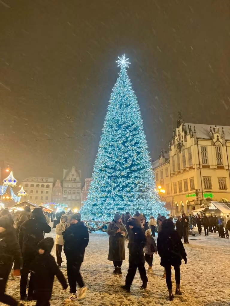 Giant lit Christmas tree in falling snow on Wrocław's Market Square, with Christmas market stalls and old town houses behind