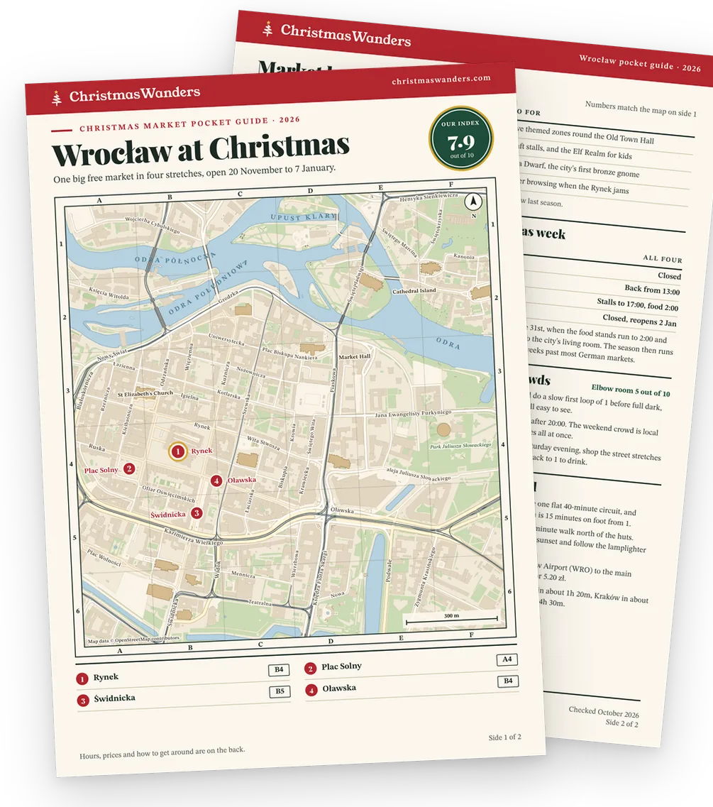 The Wrocław pocket guide, a street map of every market on one side and hours, prices and transport tips on the other